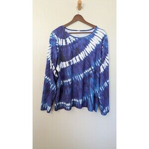 Lands End Womens Rash Guard 1X Long Swim Shirt Tie Dye Blue White Long Sleeve